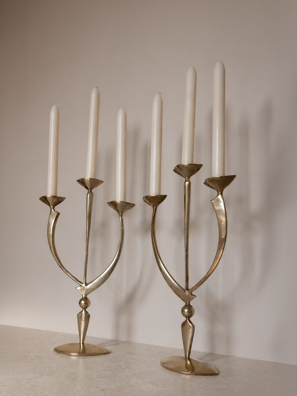 Pair of Mid-Century Solid Brass Sculptural Candleholders
