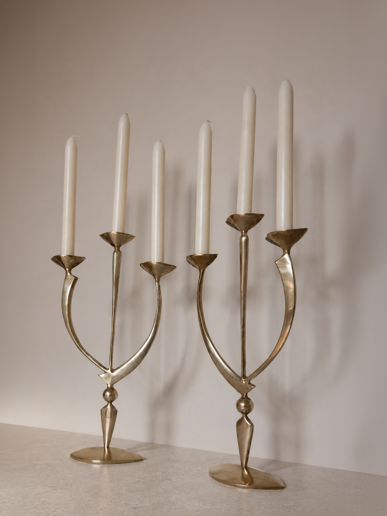 Pair of Mid-Century Solid Brass Sculptural Candleholders