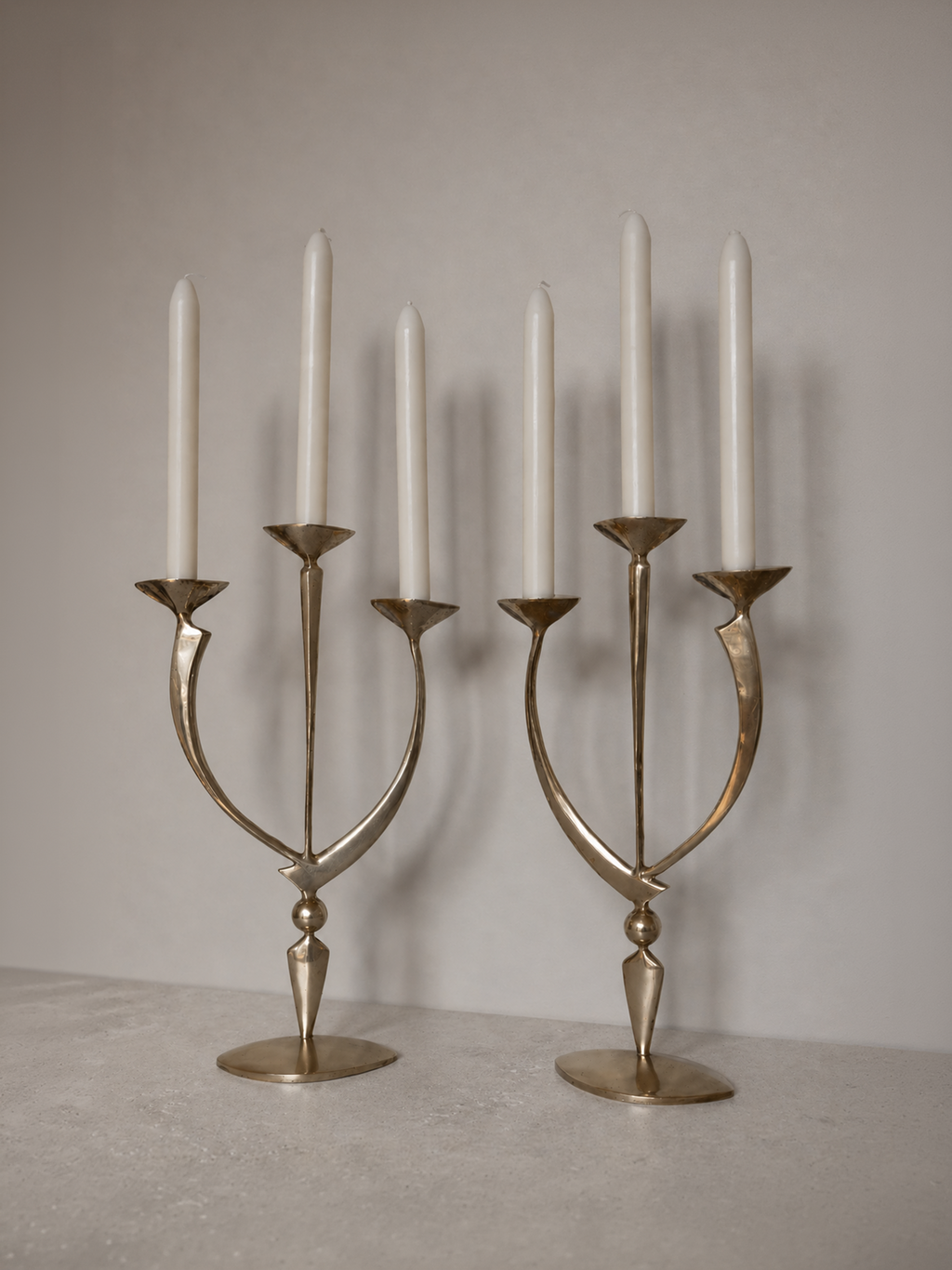 Pair of Mid-Century Solid Brass Sculptural Candleholders