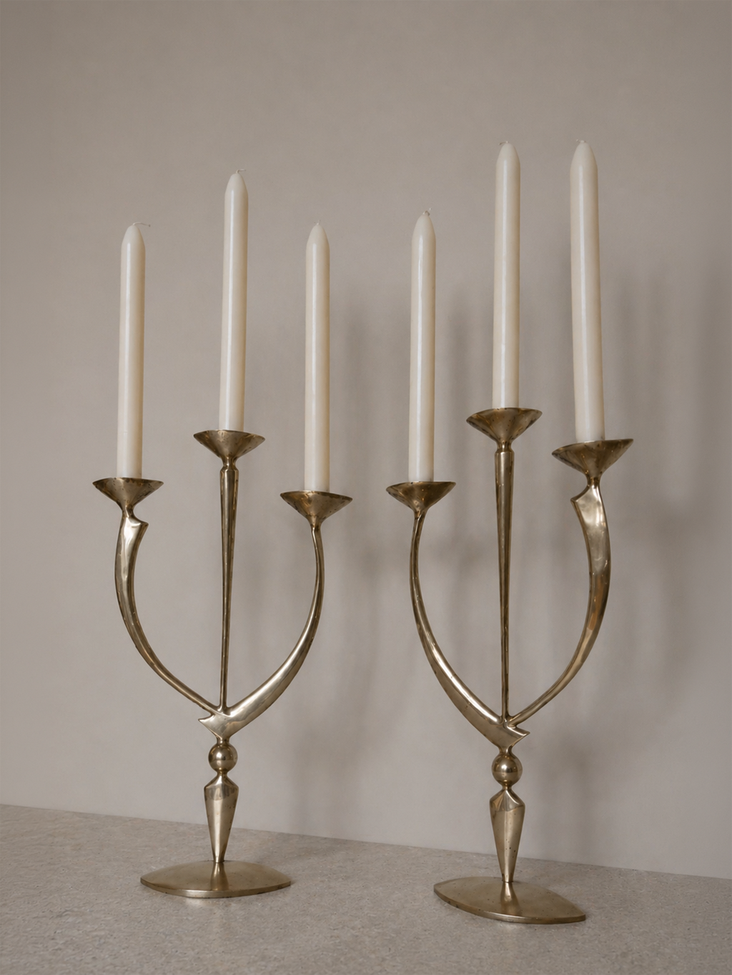 Pair of Mid-Century Solid Brass Sculptural Candleholders