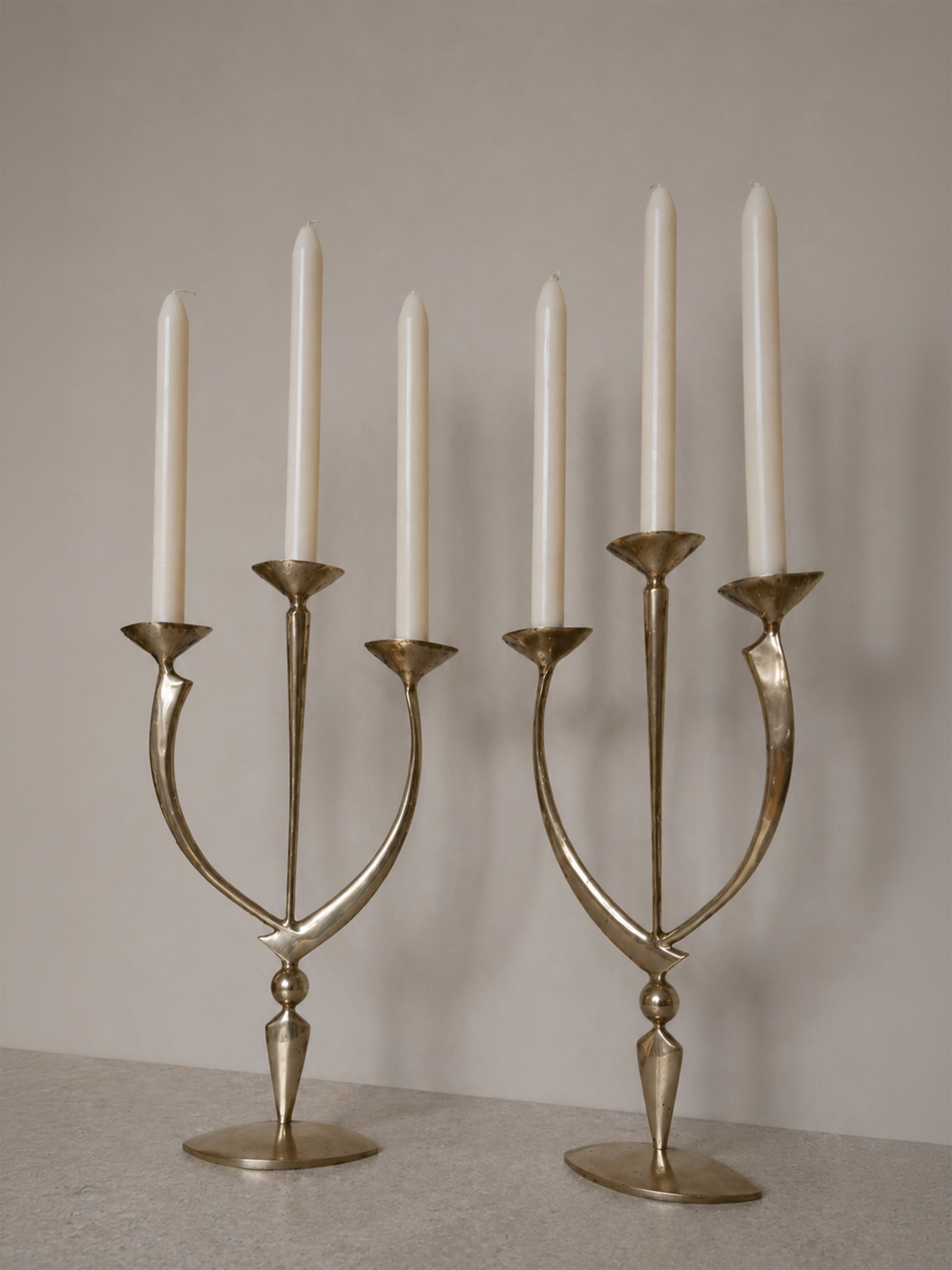 Pair of Mid-Century Solid Brass Sculptural Candleholders
