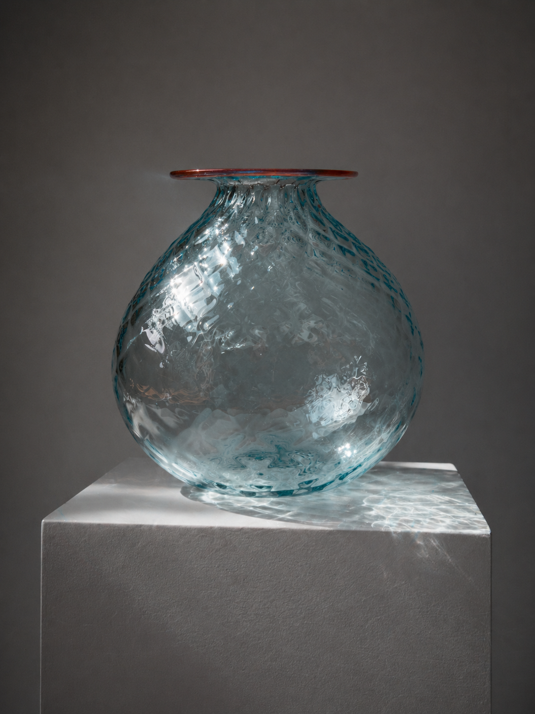 Murano Balloton Glass Vase with Tomato-Red Rim