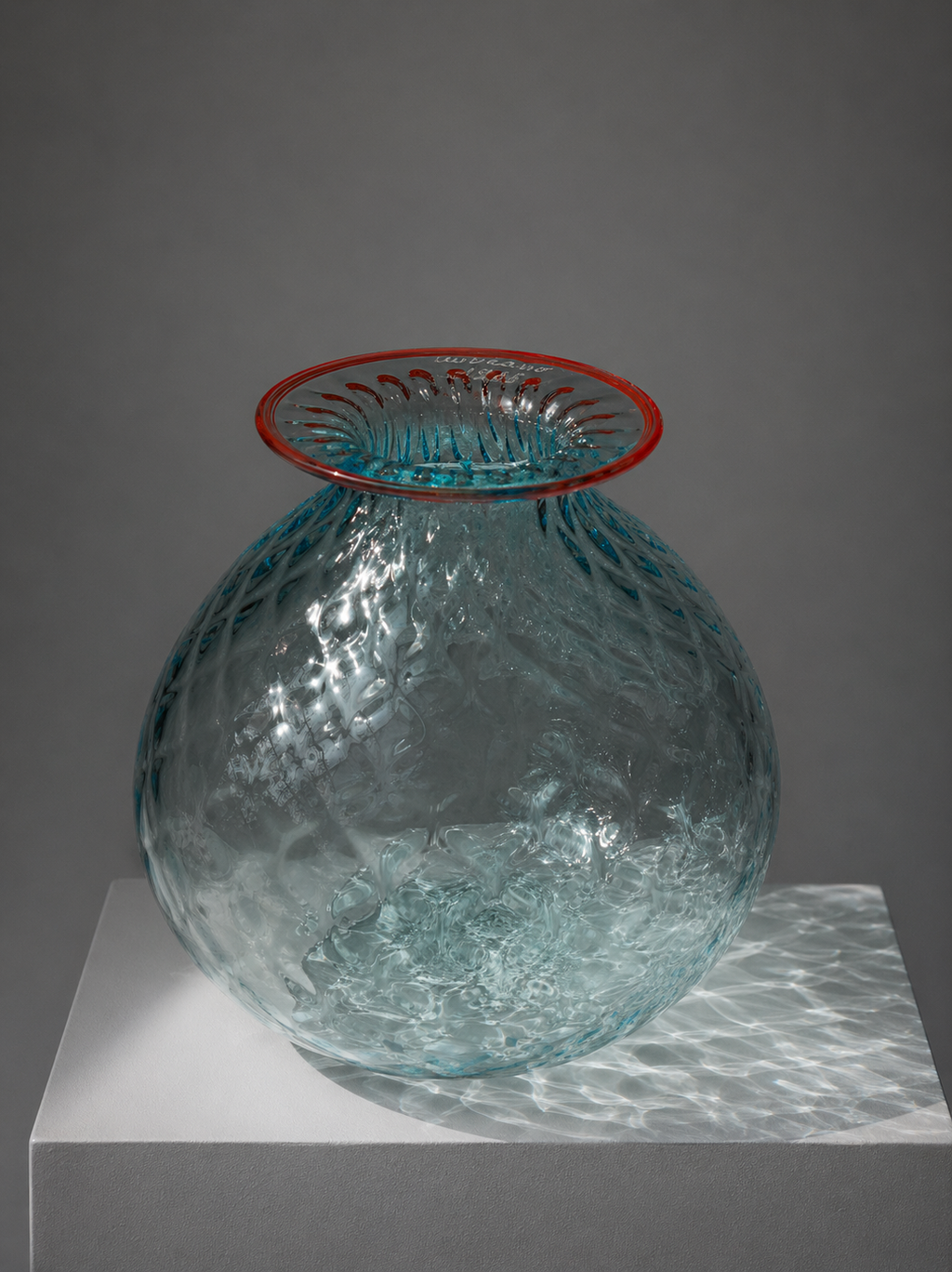 Murano Balloton Glass Vase with Tomato-Red Rim