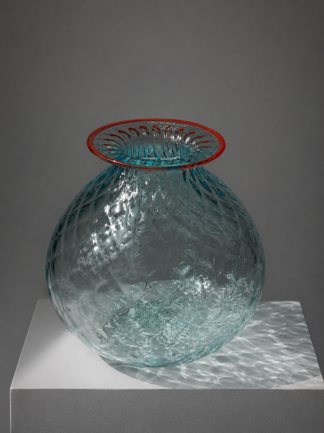 Murano Balloton Glass Vase with Tomato-Red Rim