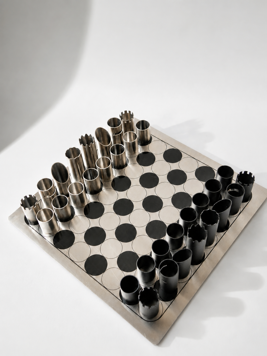 Italian Modernist "Cylinder" Chess Set in Brushed Stainless Steel