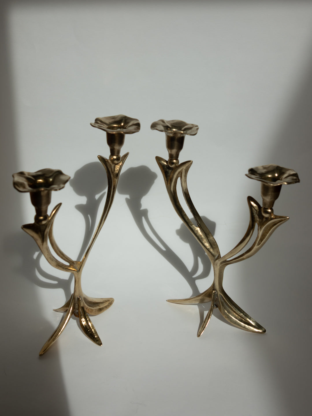 Pair of Sculptural Solid Brass Candlesticks, Floral Form