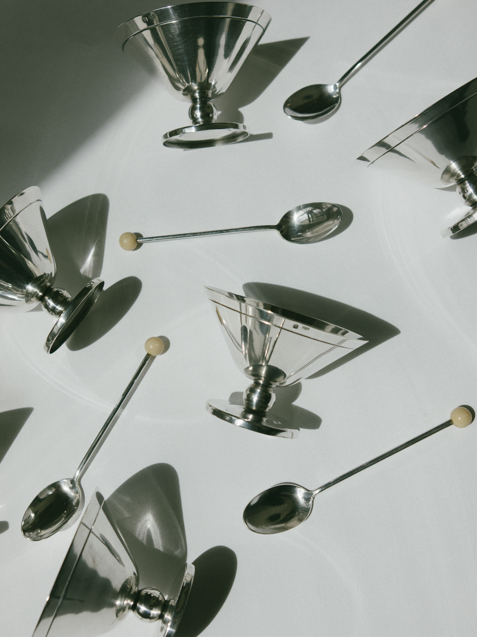 Set of Art Deco Silver-Plated Dessert Coupes with Beaded Spoons, France, c. 1930s