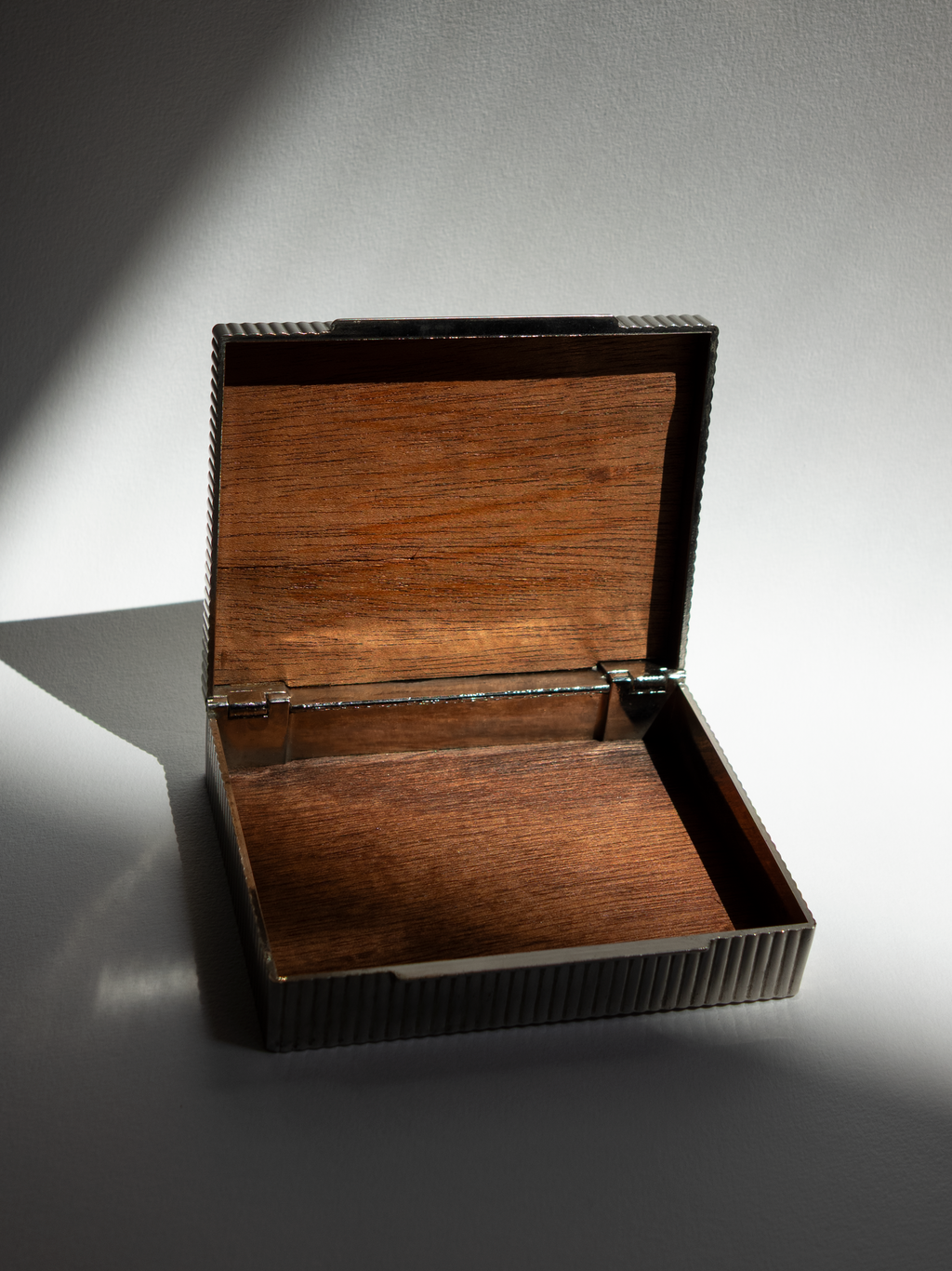 Italian Ribbed Silver-Tone Table Box with Wood Interior