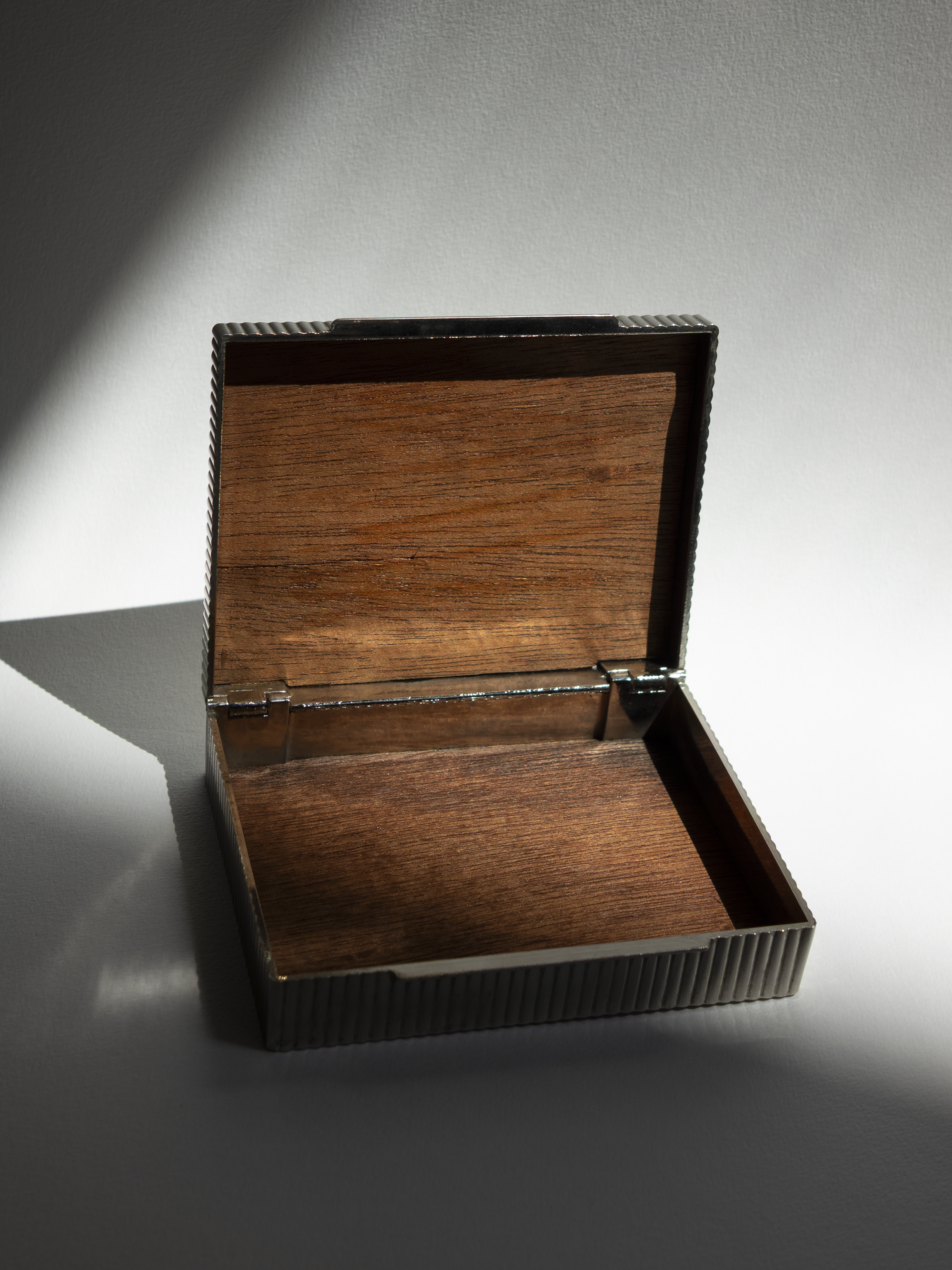 Italian Ribbed Silver-Tone Table Box with Wood Interior