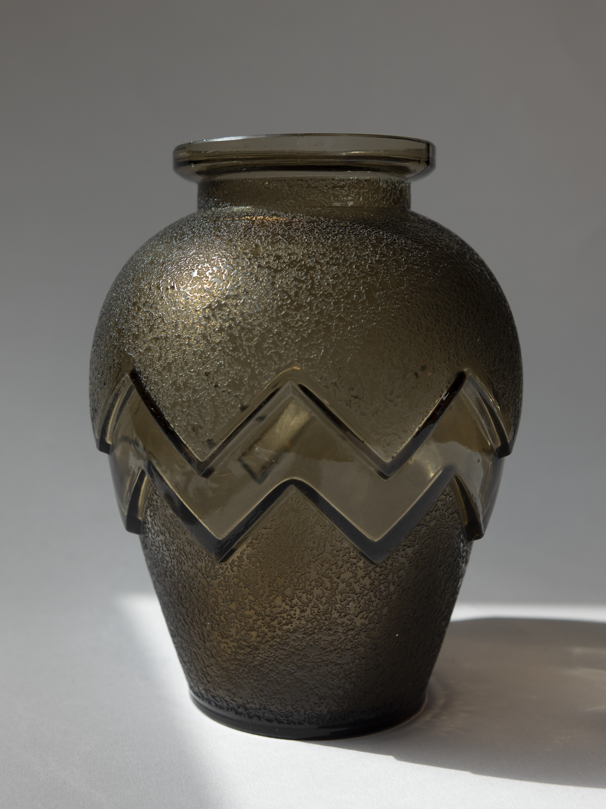 Art Deco Smoked Glass Chevron Vase, Daum Nancy, c. 1930s