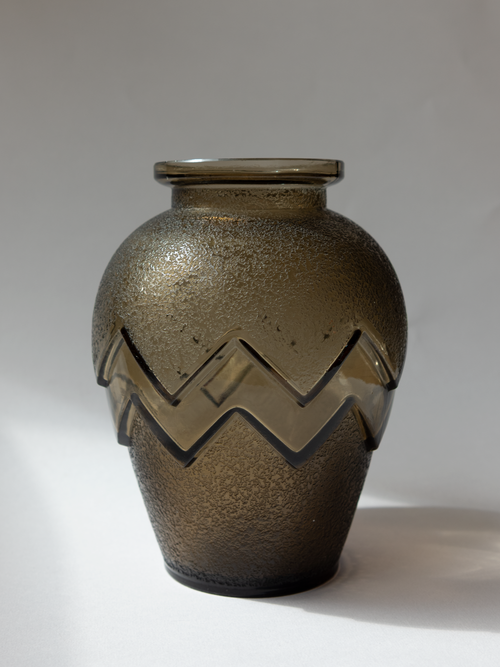 Art Deco Smoked Glass Chevron Vase, Daum Nancy, c. 1930s