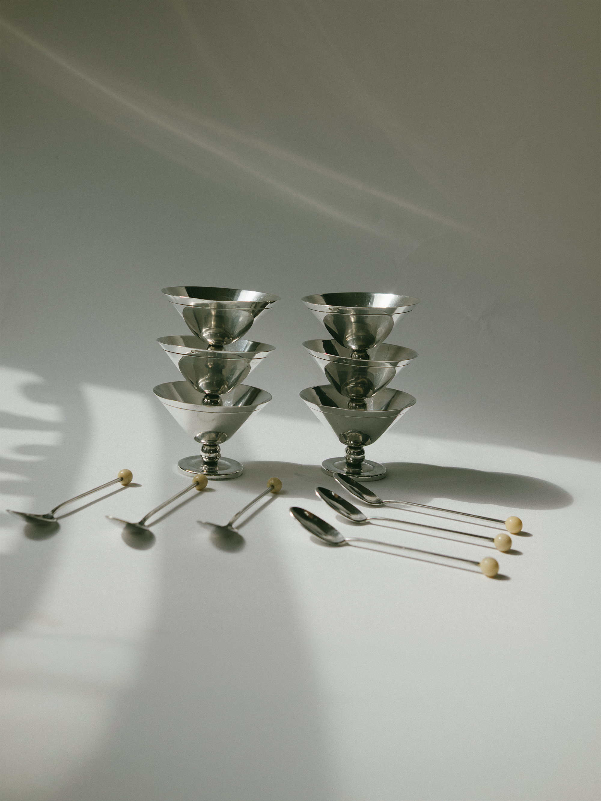 Set of Art Deco Silver-Plated Dessert Coupes with Beaded Spoons, France, c. 1930s