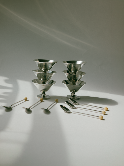 Set of Art Deco Silver-Plated Dessert Coupes with Beaded Spoons, France, c. 1930s
