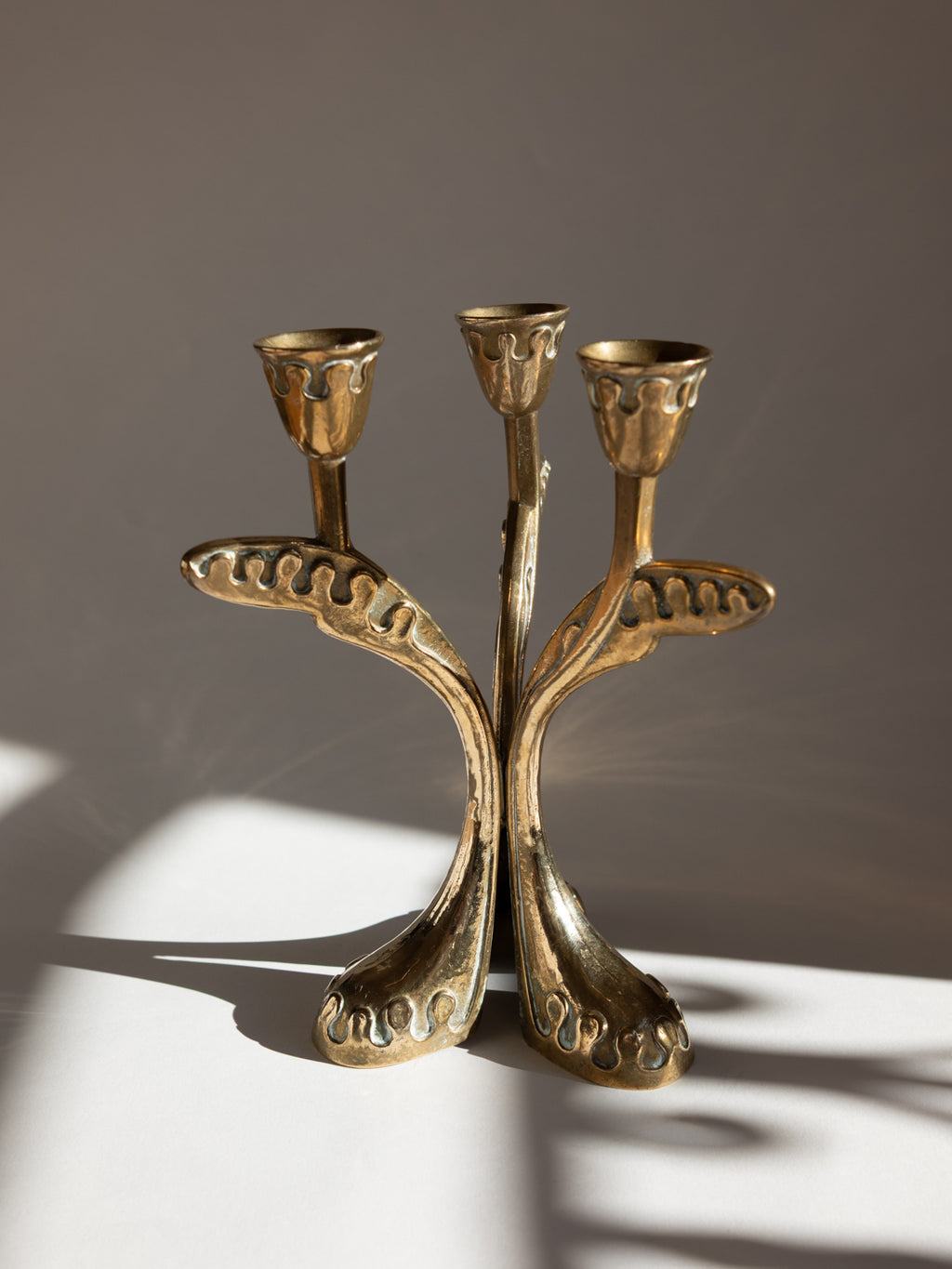 Brass Secessionist Three-Arm Candelabra