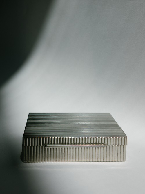 Italian Ribbed Silver-Tone Table Box with Wood Interior