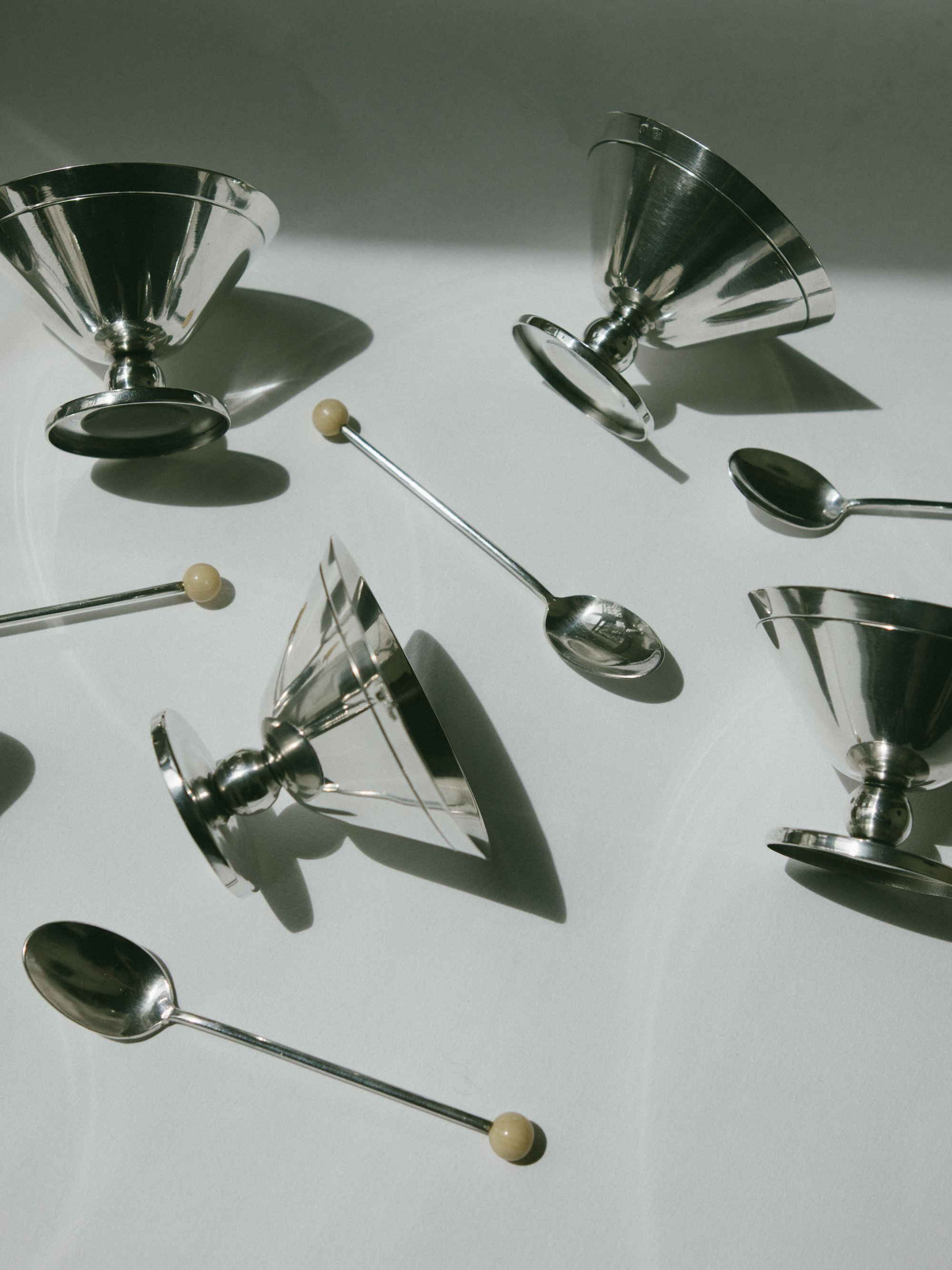 Set of Art Deco Silver-Plated Dessert Coupes with Beaded Spoons, France, c. 1930s