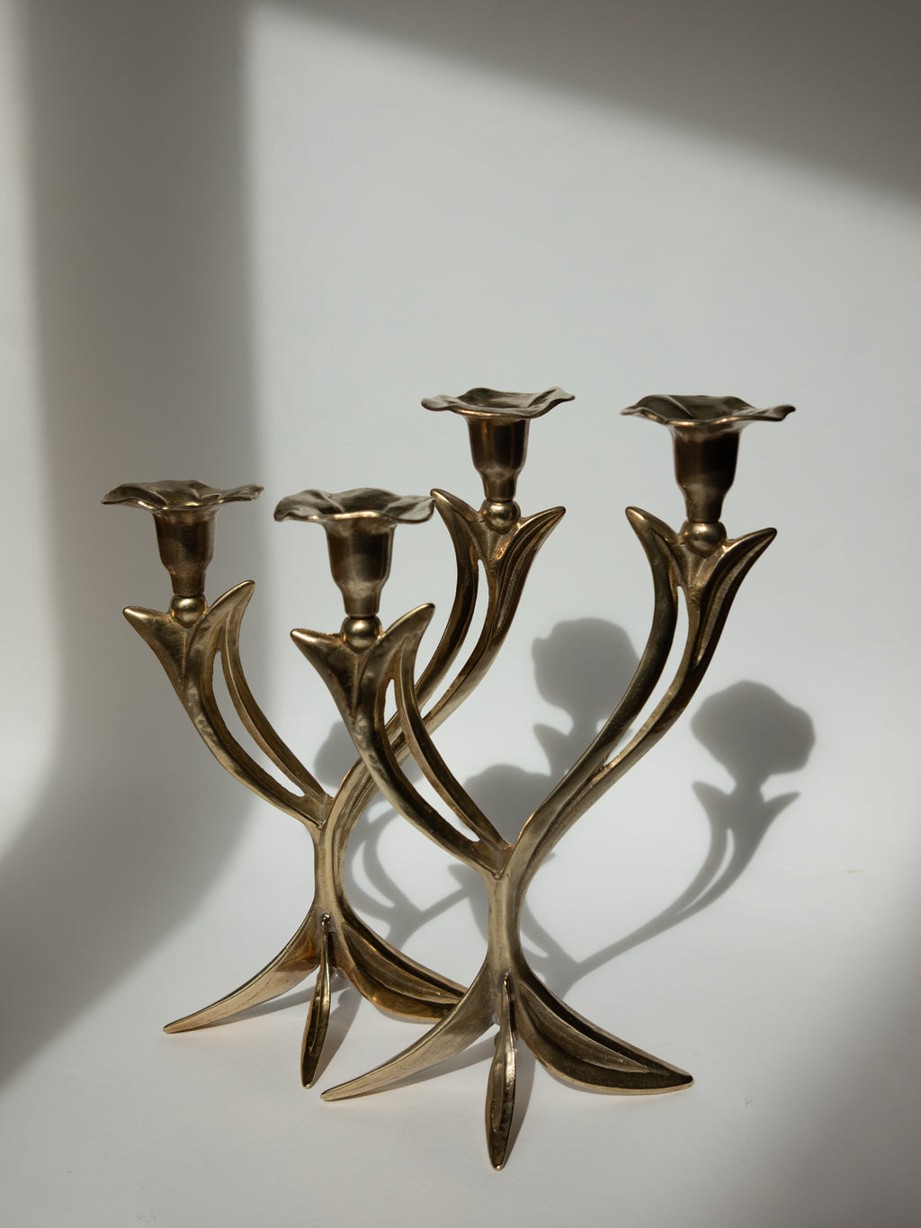 Pair of Sculptural Solid Brass Candlesticks, Floral Form