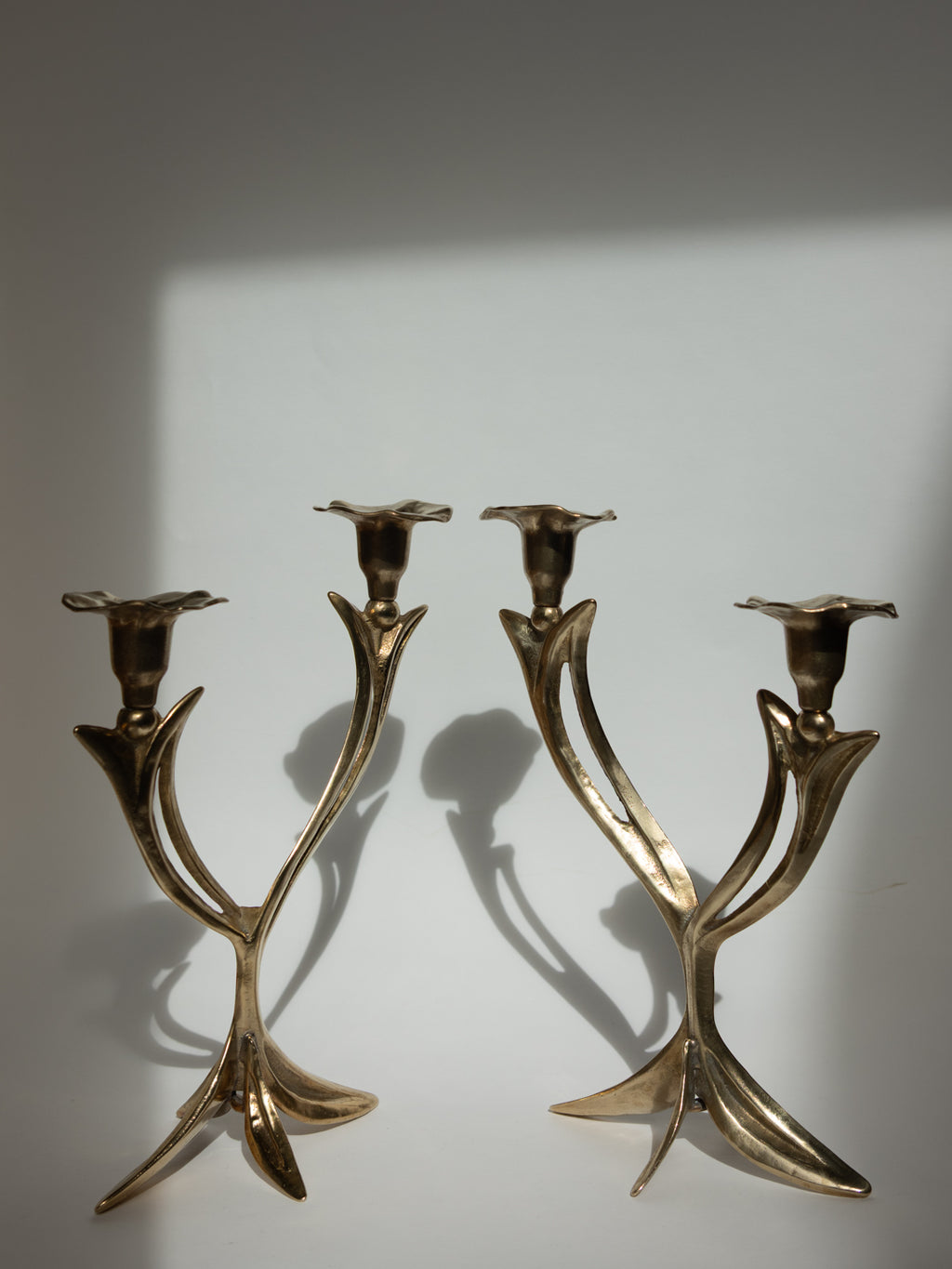Pair of Sculptural Solid Brass Candlesticks, Floral Form