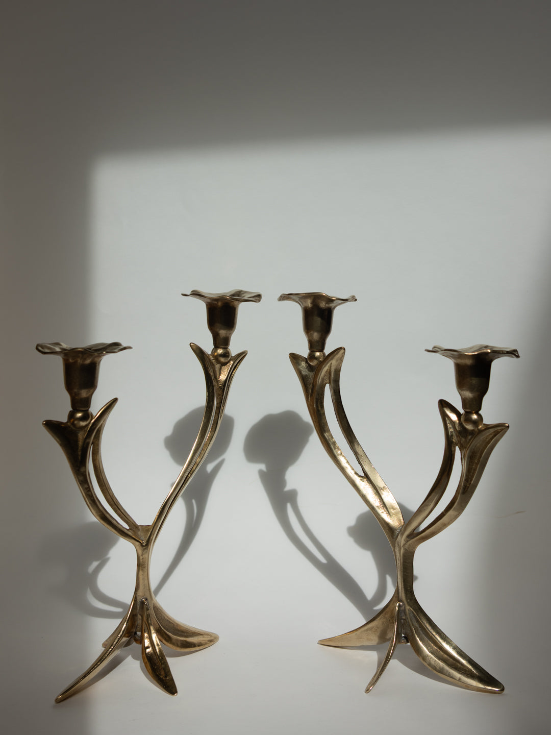 Pair of Sculptural Solid Brass Candlesticks, Floral Form
