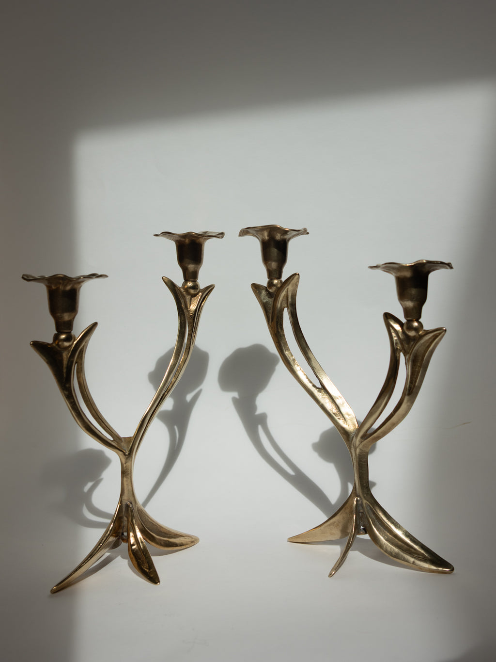 Pair of Sculptural Solid Brass Candlesticks, Floral Form