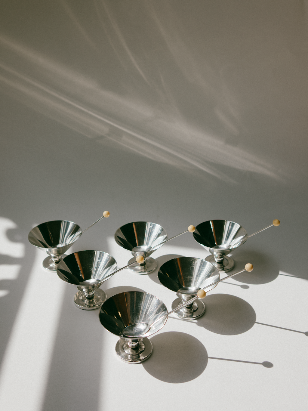 Set of Art Deco Silver-Plated Dessert Coupes with Beaded Spoons, France, c. 1930s