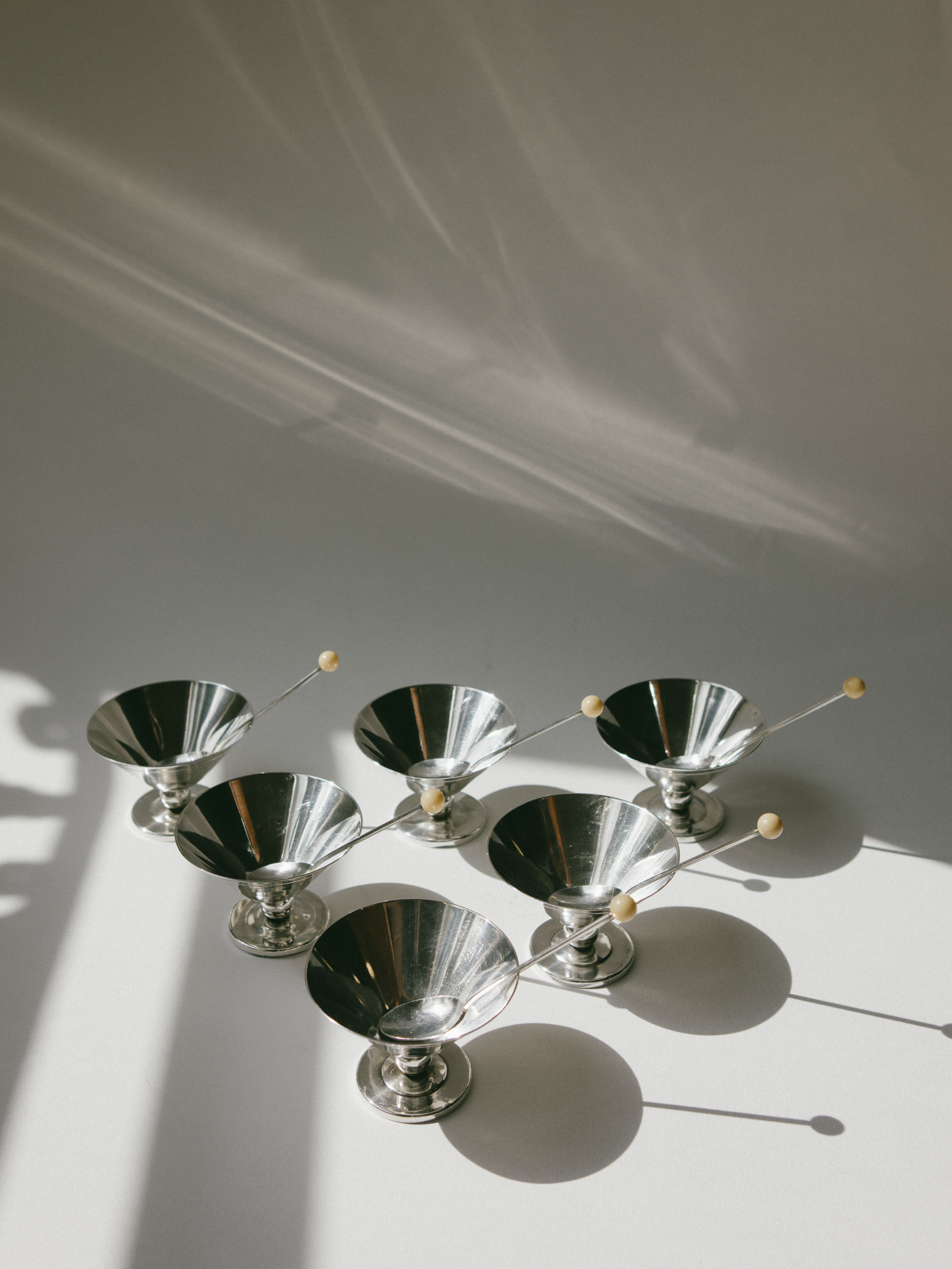 Set of Art Deco Silver-Plated Dessert Coupes with Beaded Spoons, France, c. 1930s
