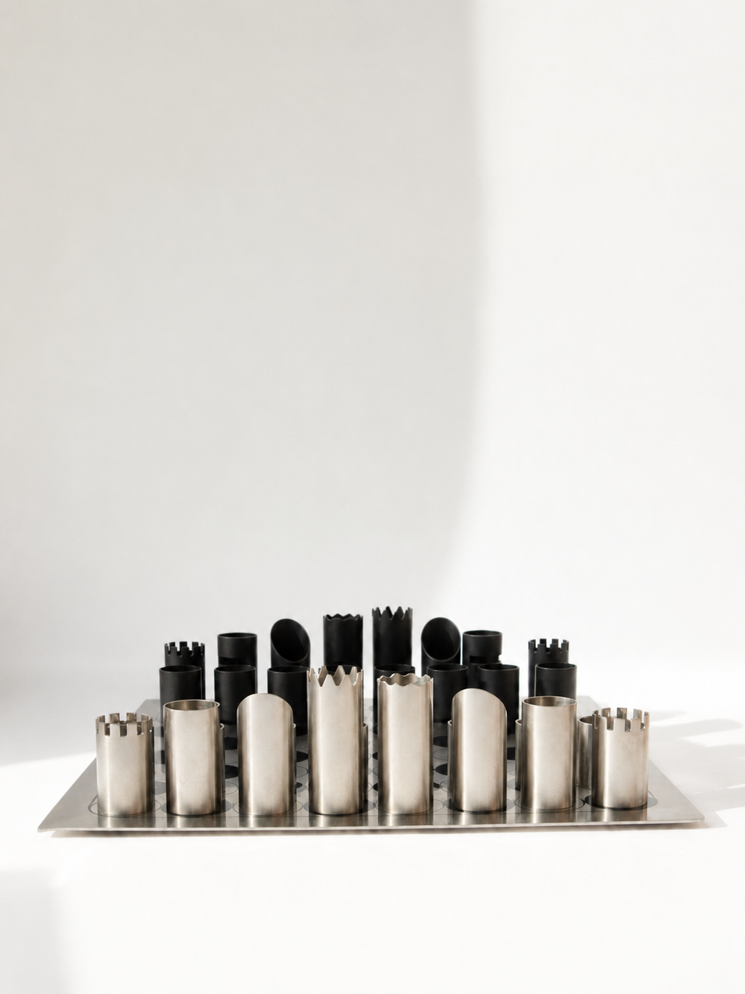 Italian Modernist "Cylinder" Chess Set in Brushed Stainless Steel
