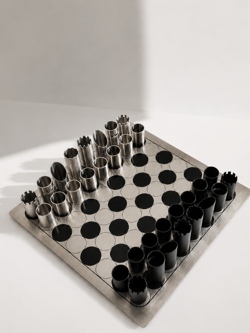 Italian Modernist "Cylinder" Chess Set in Brushed Stainless Steel