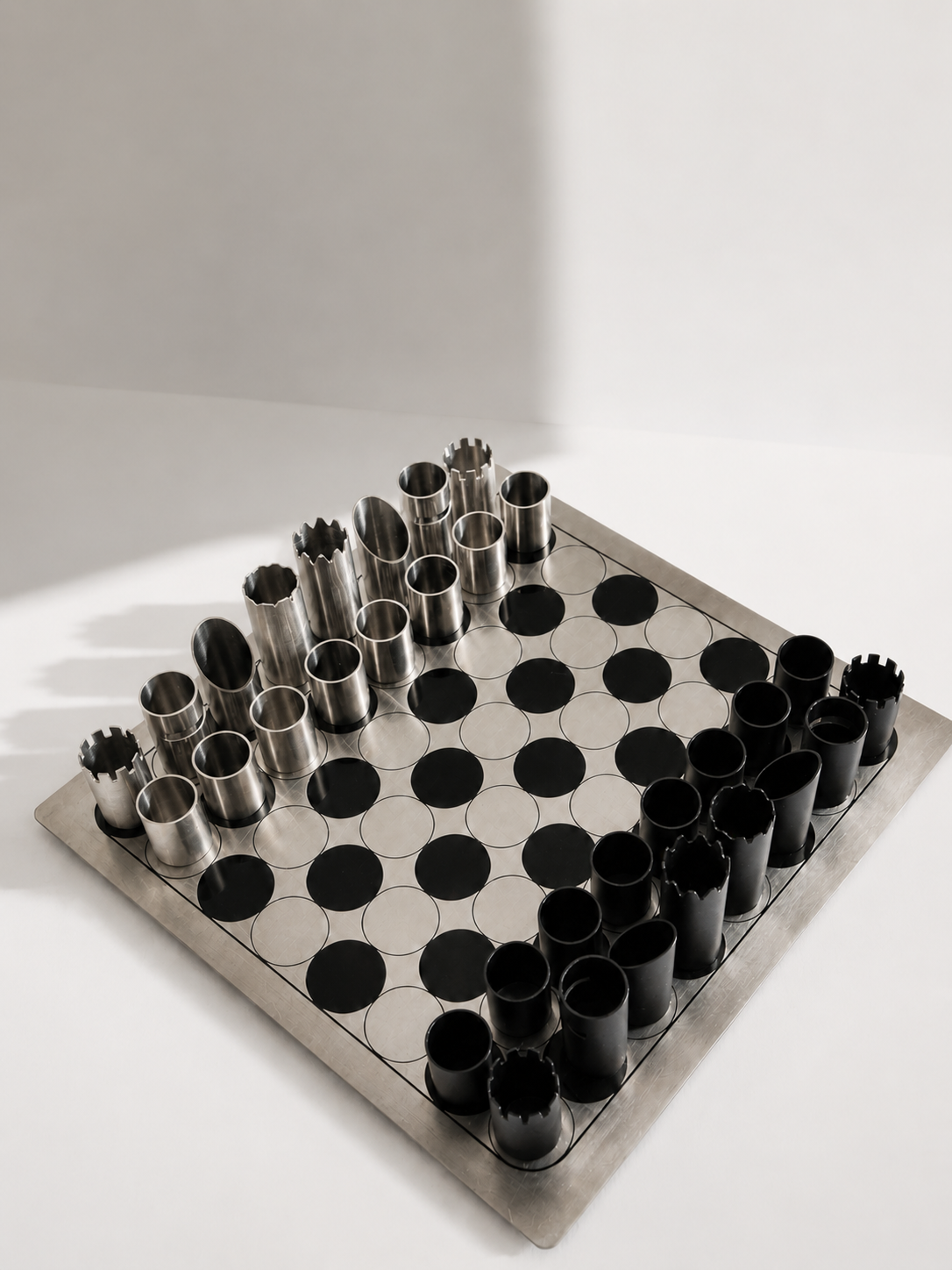 Italian Modernist "Cylinder" Chess Set in Brushed Stainless Steel