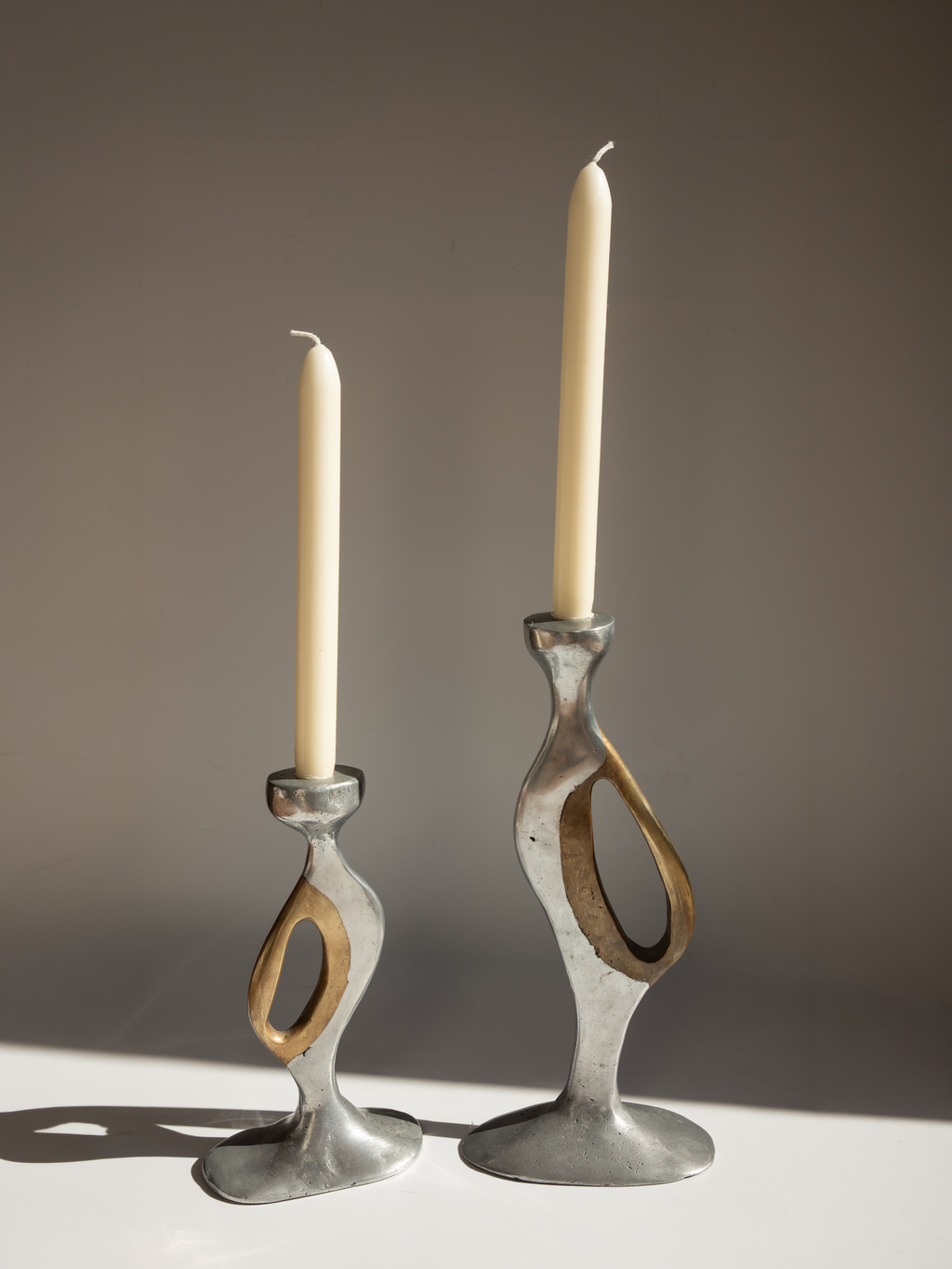 Brutalist Aluminium and Brass Candlesticks by Léopold - Spain, c. 1970s