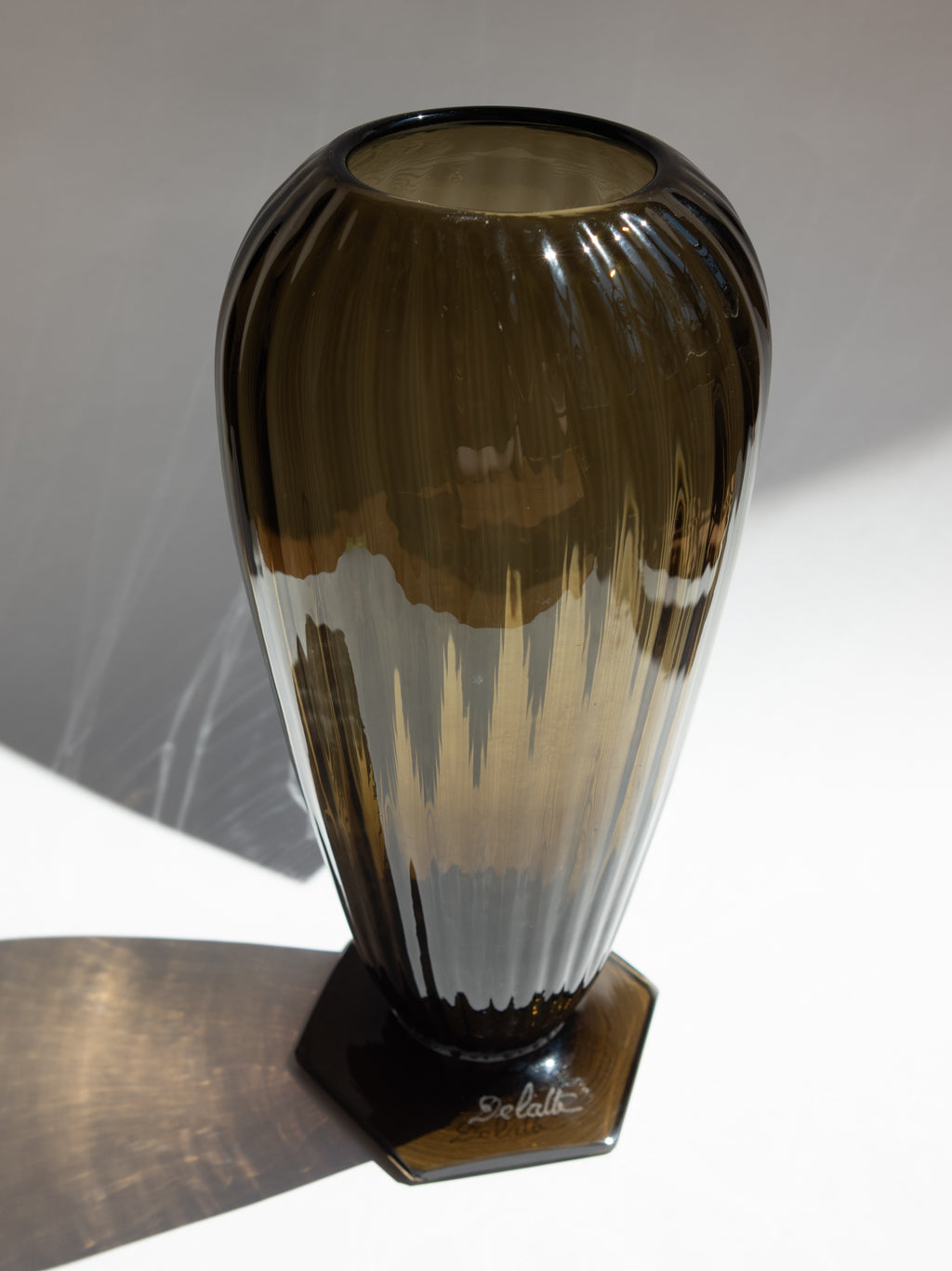A Monumental French Art Deco Smoky Glass "Torsade" Vase by Delatte