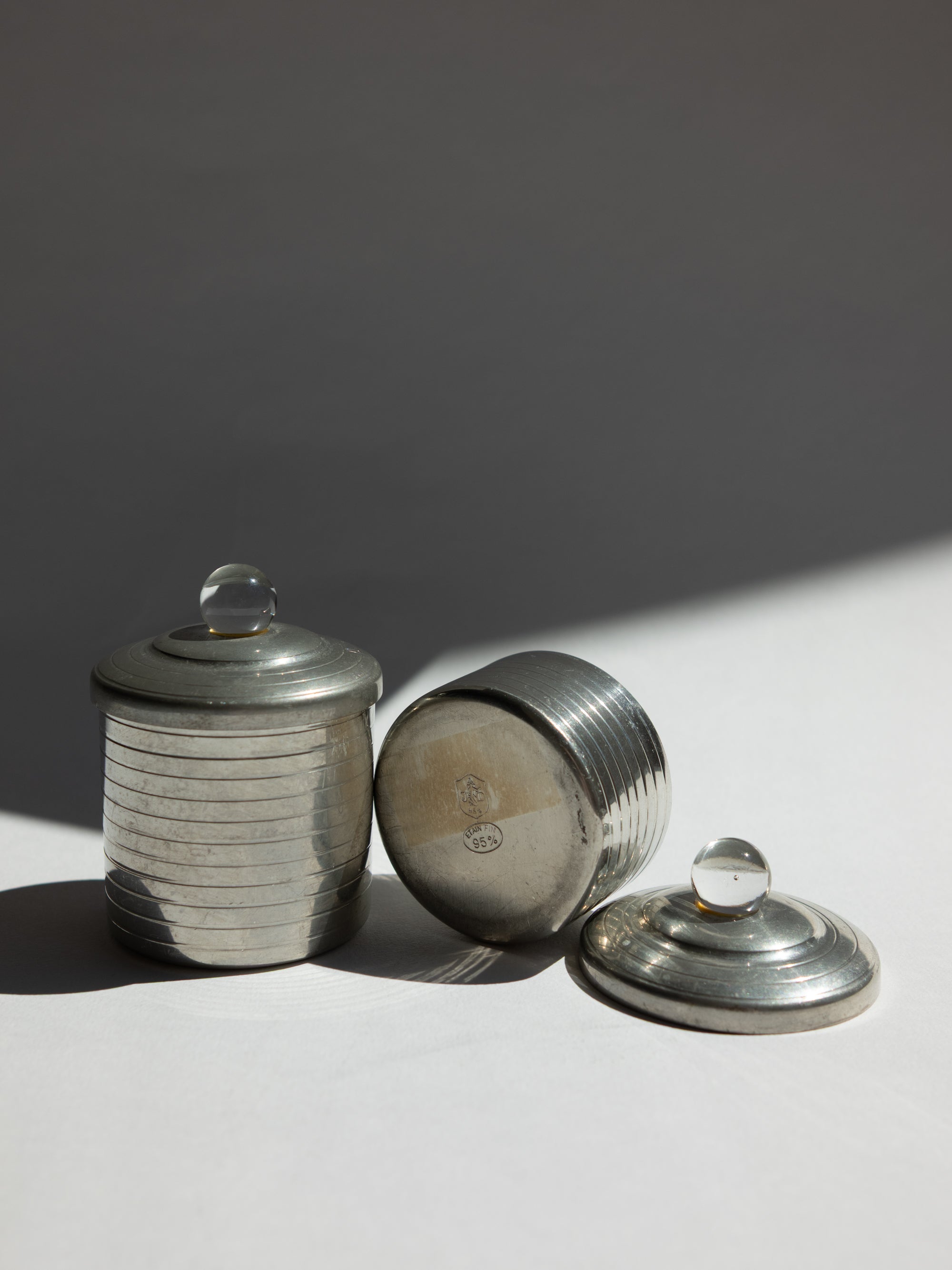 Pair of French Art Deco Modernist Pewter Vanity Pots with Glass Orb Finials