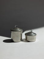 Pair of French Art Deco Modernist Pewter Vanity Pots with Glass Orb Finials