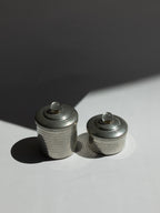 Pair of French Art Deco Modernist Pewter Vanity Pots with Glass Orb Finials