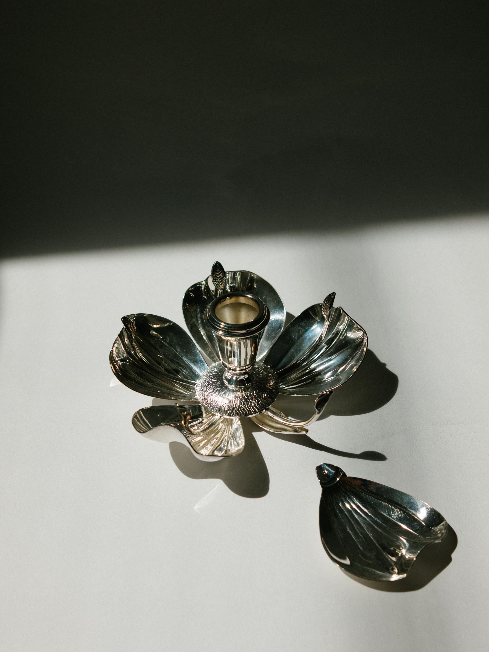 Italian Silver-Plated Magnolia Candleholder and Modular Petal Ashtray, c. 1970s