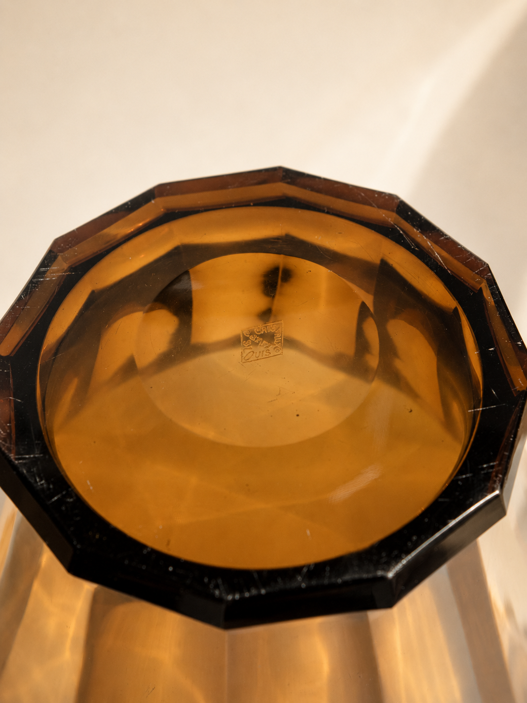 Large Art Deco Saint-Louis Amber Crystal "Côtes Plates" Flared Vase