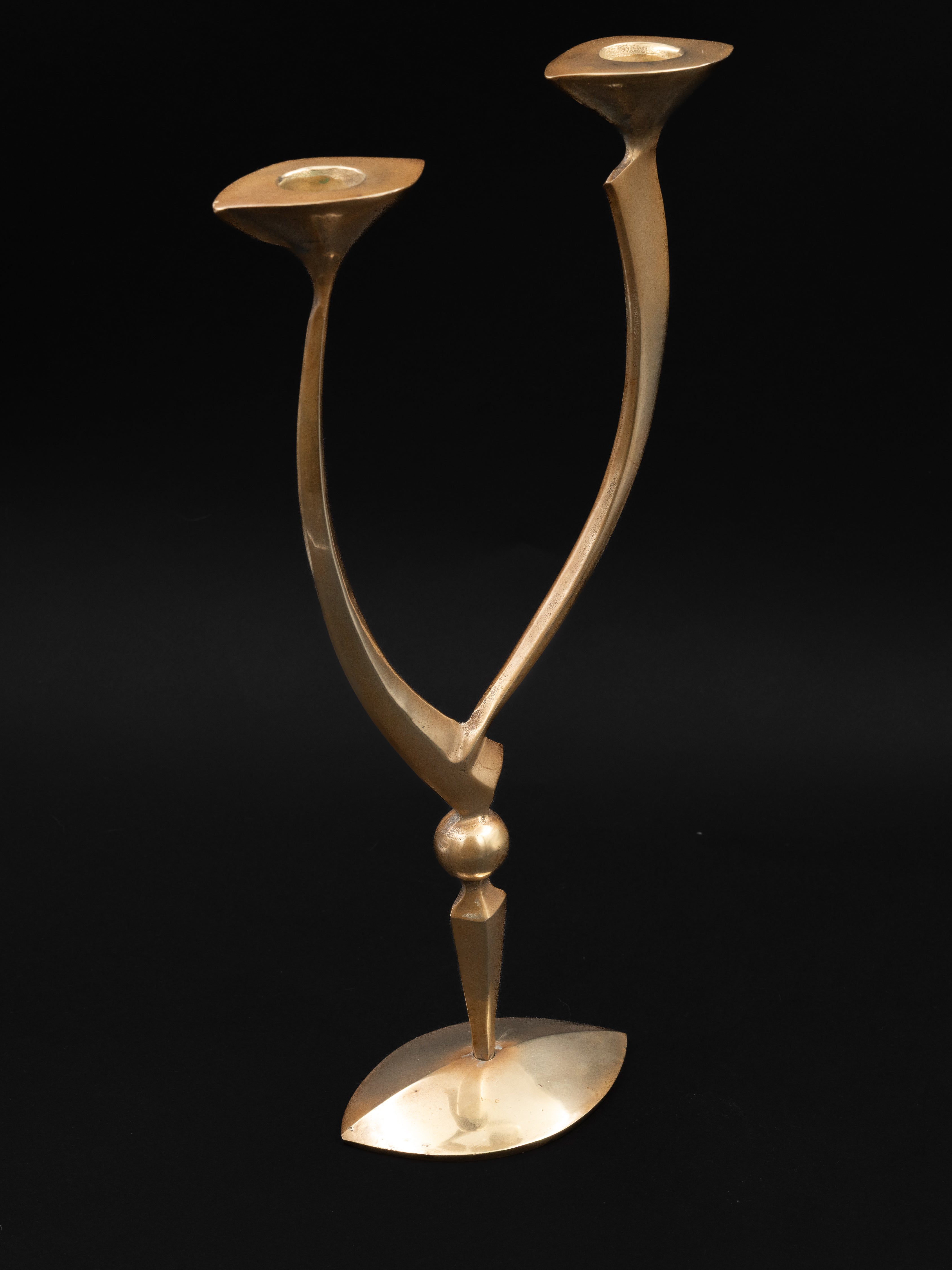 Mid-Century Sculptural Double Brass Candleholder