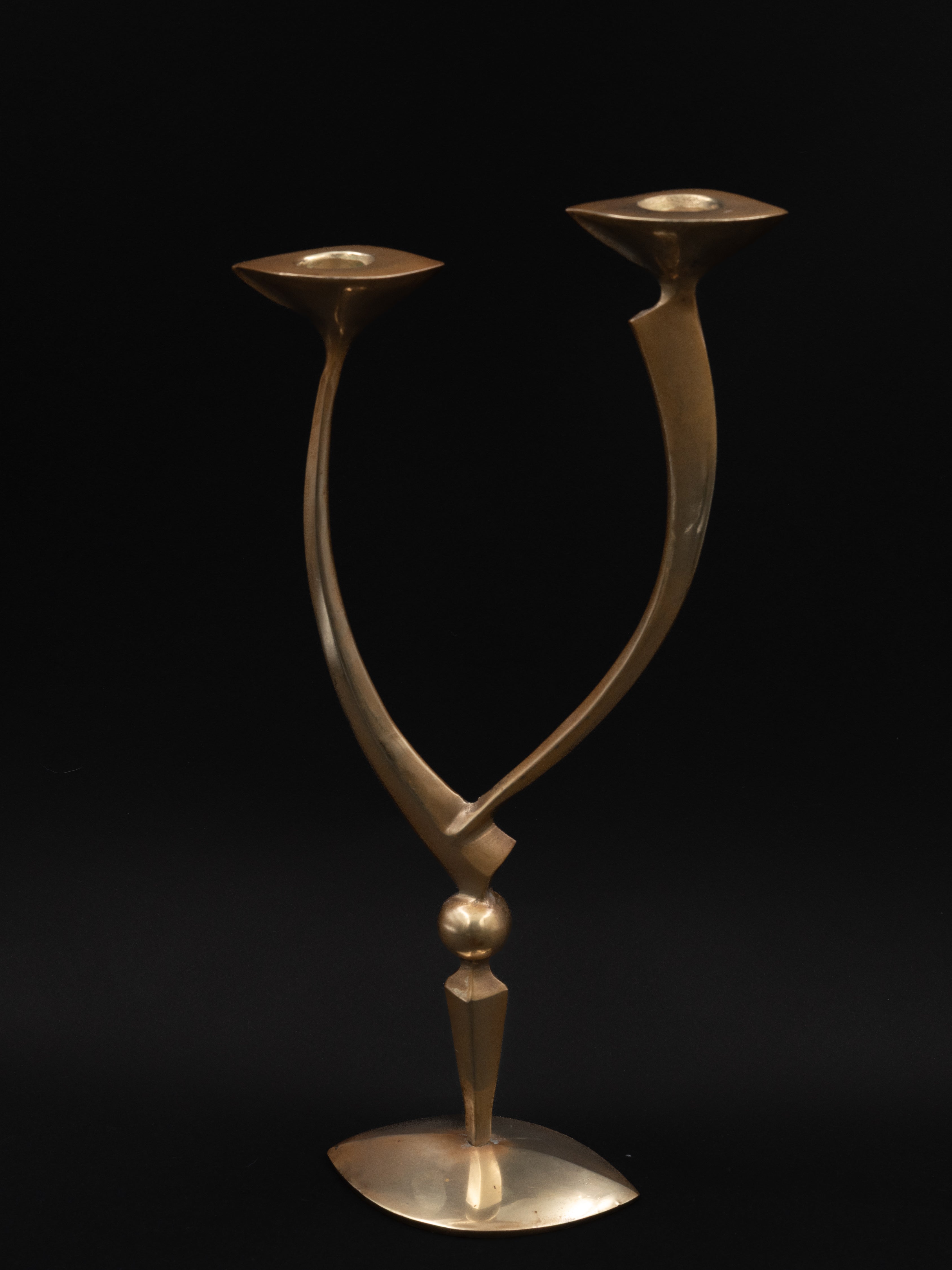 Mid-Century Sculptural Double Brass Candleholder