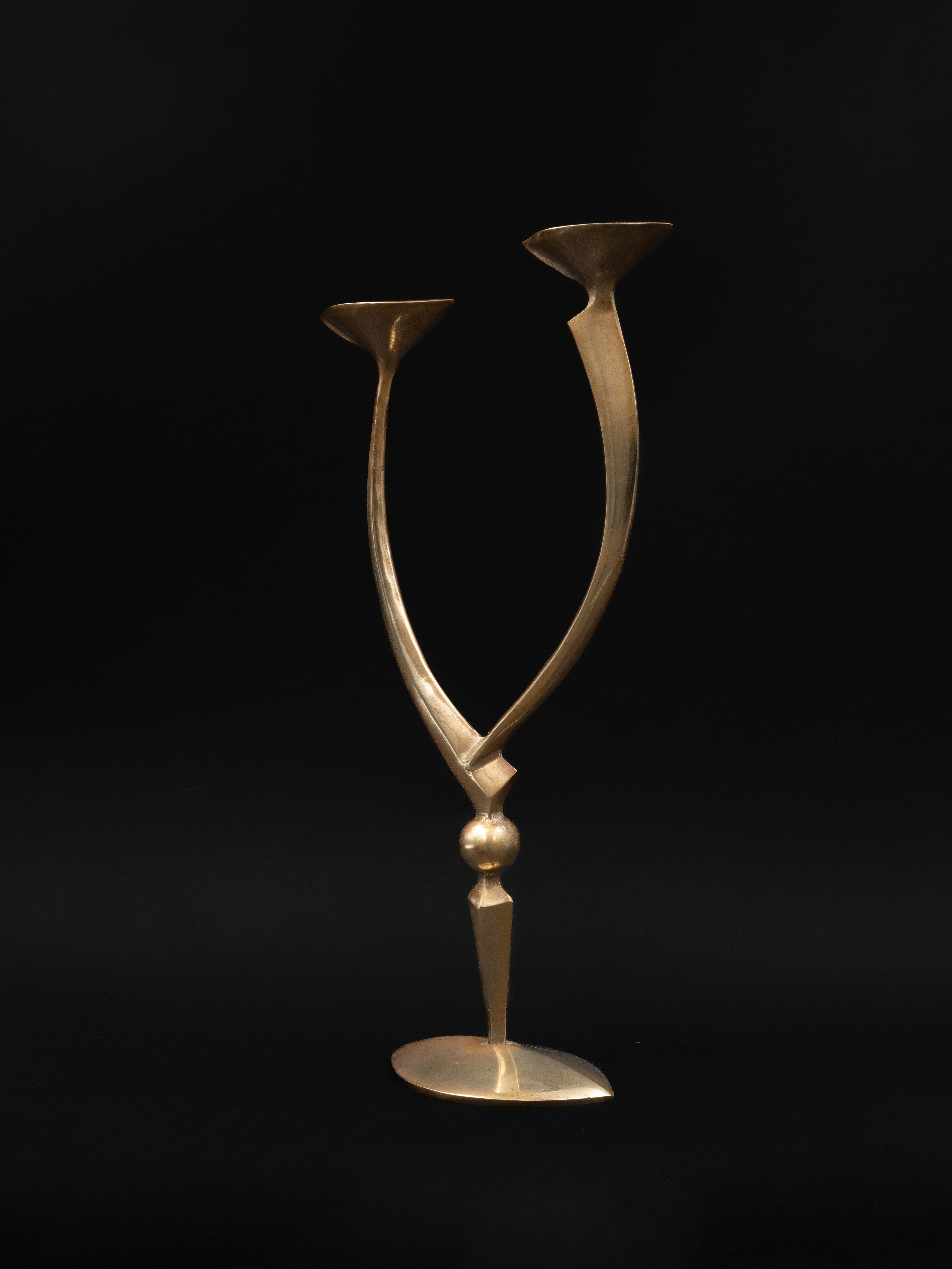 Mid-Century Sculptural Double Brass Candleholder