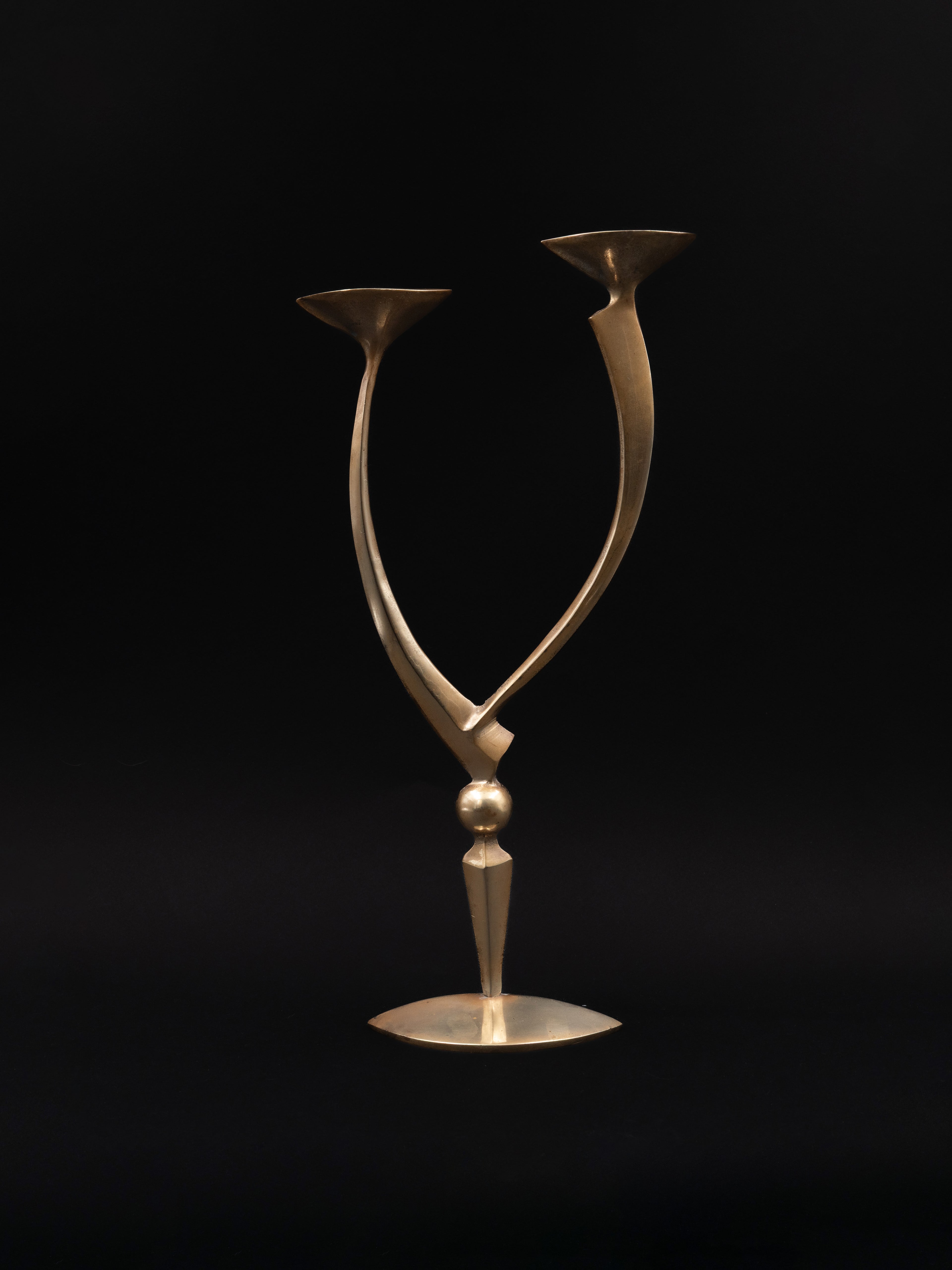 Mid-Century Sculptural Double Brass Candleholder